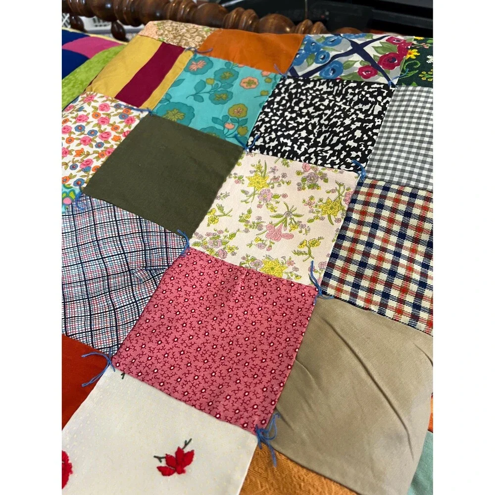 Hand Tied Scrap Crazy Quilt Reverses to Simple Squares
